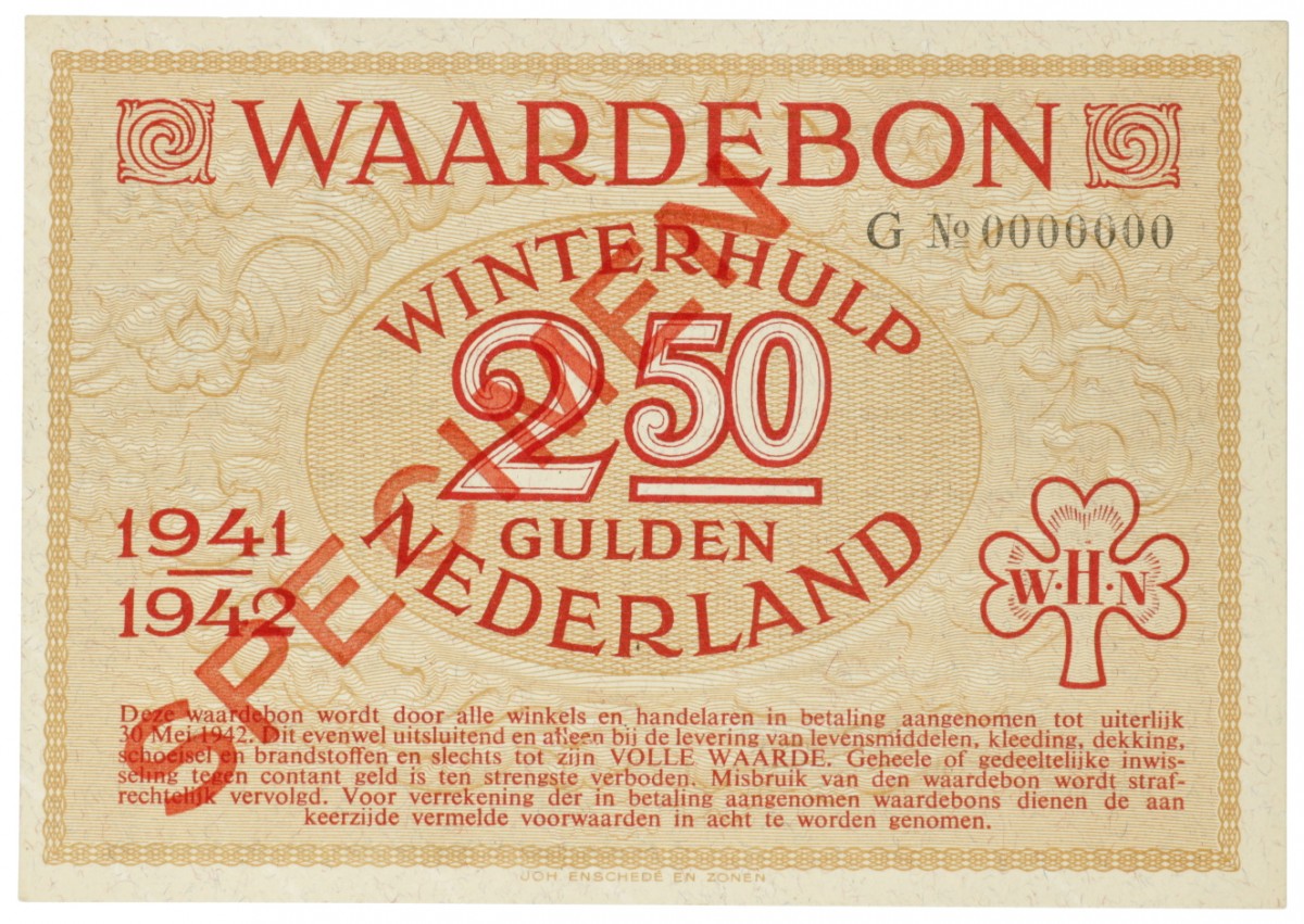 Nederland. 2½ gulden. Waardebon. Type 1941-1942. - UNC.