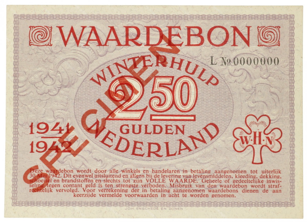 Nederland. 2½ gulden. Waardebon. Type 1941-1942. - UNC.