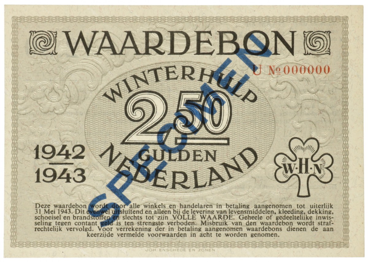 Nederland. 2½ gulden. Waardebon. Type 1942-1943. - UNC.