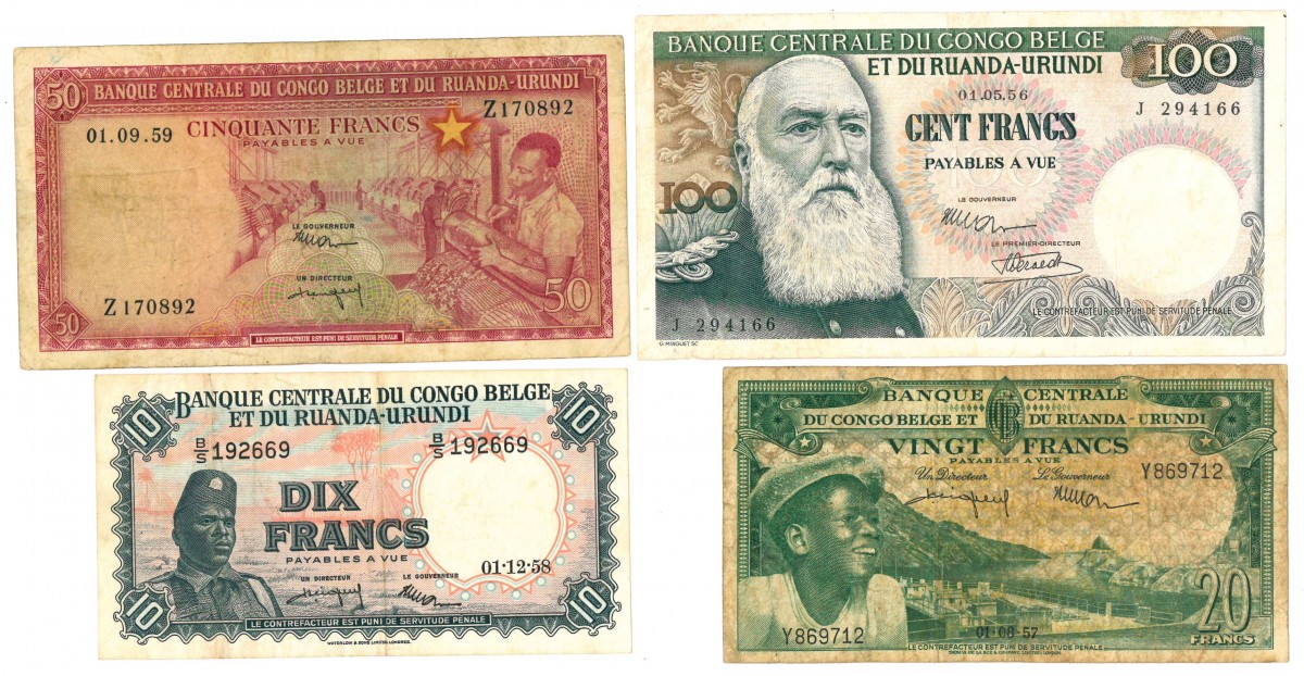 Belgian Congo. 10/20/50/100 Francs. Banknote. Type 1956-1959. - Very good – Very fine.