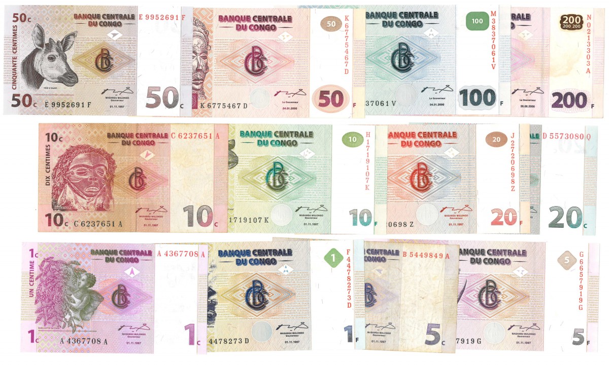 Congo. 1/5/10/20/50 Centimes 1/5/10/20/50/100/200 Francs. Banknote. Type 1997-2000. - Fine – UNC.