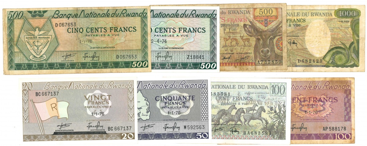 Rwanda. 20/50/2x100/3x500/1000 Francs. Banknote. Type 1974-1978. - Very fine – UNC.