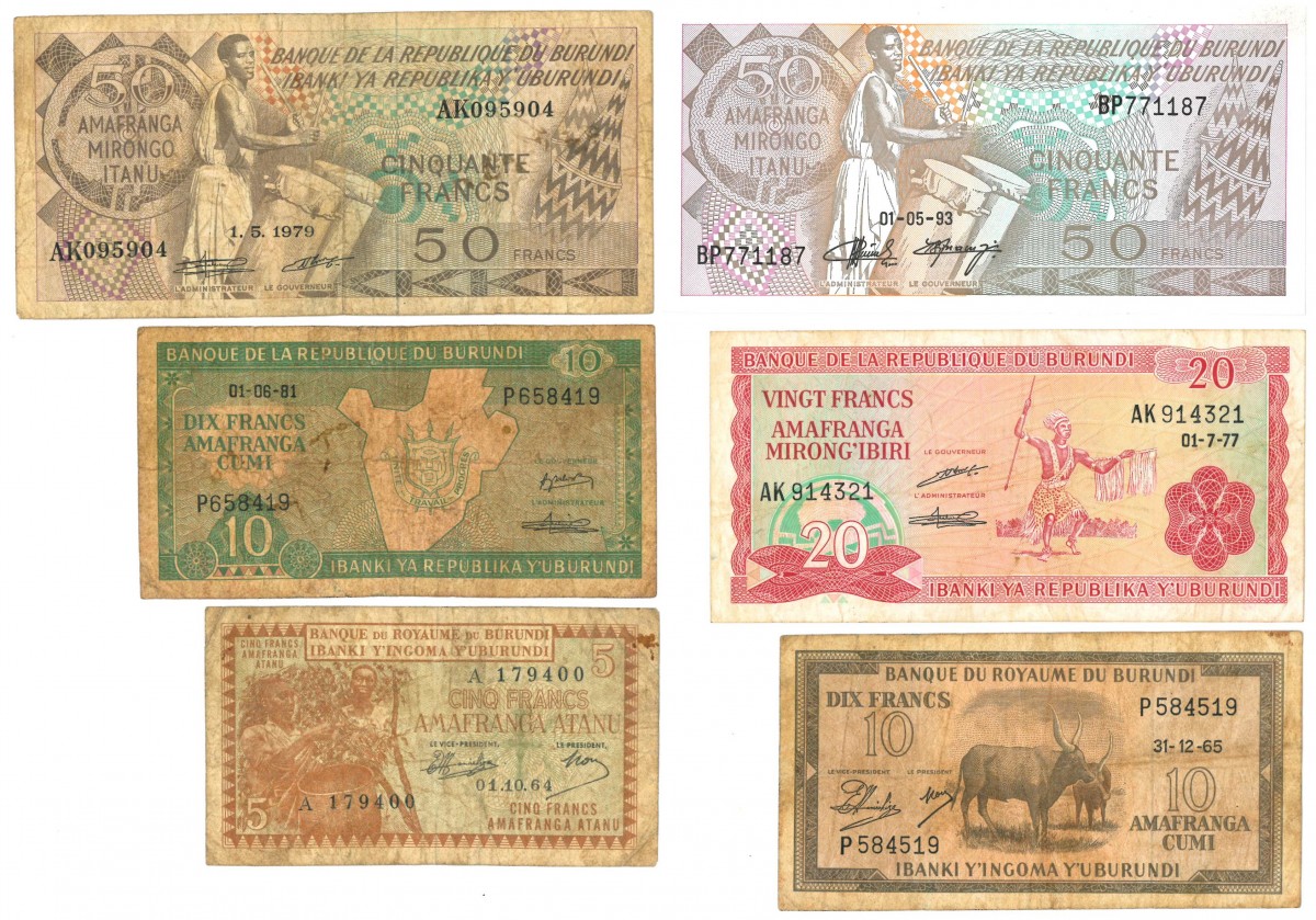 Burundi. 5/2x10/20/2x50 Francs. Banknote. Type 1964-1993. - Very good – UNC.