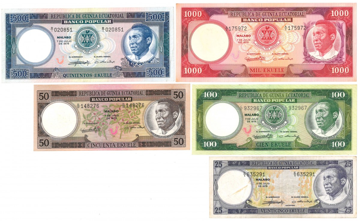 Equatorial Guinea. 25/50/100/500/1000 Ekuele. Banknote. Type 1975. - Very good – Extremely fine.