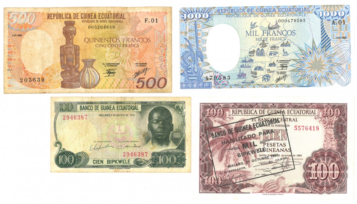 Equatorial Guinea. 2x100/500/1000 Bipkwele/Francos. Banknote. Type 1979-1985. - Very good – Extremely fine.