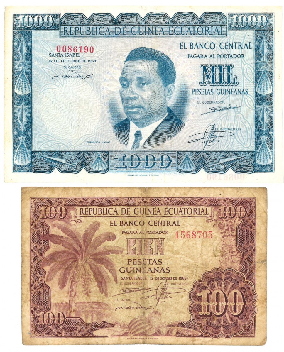 Equatorial Guinea. 100/1000 Pesetas Guineanas. Banknote. Type 1969. - Very good – Very fine.