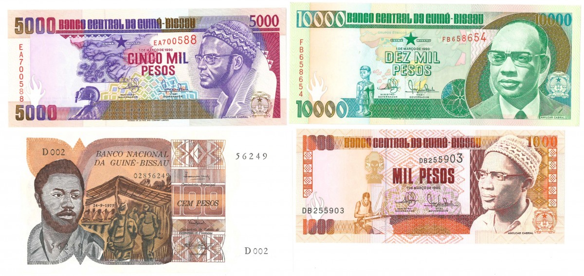 Guinea-Bissau. 100/1000/5000/10000 Pesos. Banknote. Type 1975-1990. - Extremely fine / UNC.