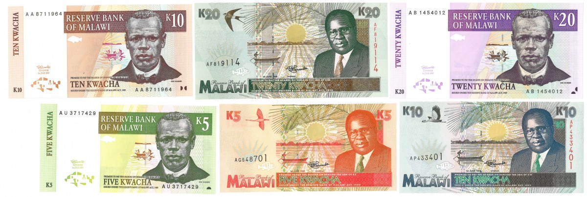 Malawi. 2x5/2x10/2x20 Kwacha. Banknote. Type 1989-1995. - About UNC.
