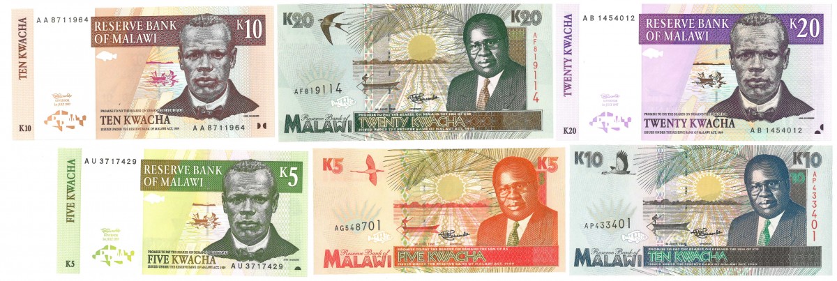 Malawi. 2x5/2x10/2x20 Kwacha. Banknote. Type 1989-1995. - About UNC.