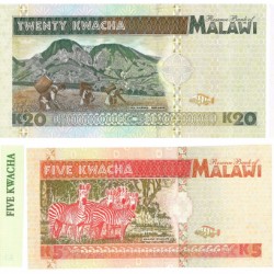 Malawi. 2x5/2x10/2x20 Kwacha. Banknote. Type 1989-1995. - About UNC.