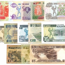 Zambia. 1/2/2x5/2x10/3x20/50/3x100/500 Kwacha. Banknote. Type 1969-1991. - Good - UNC.