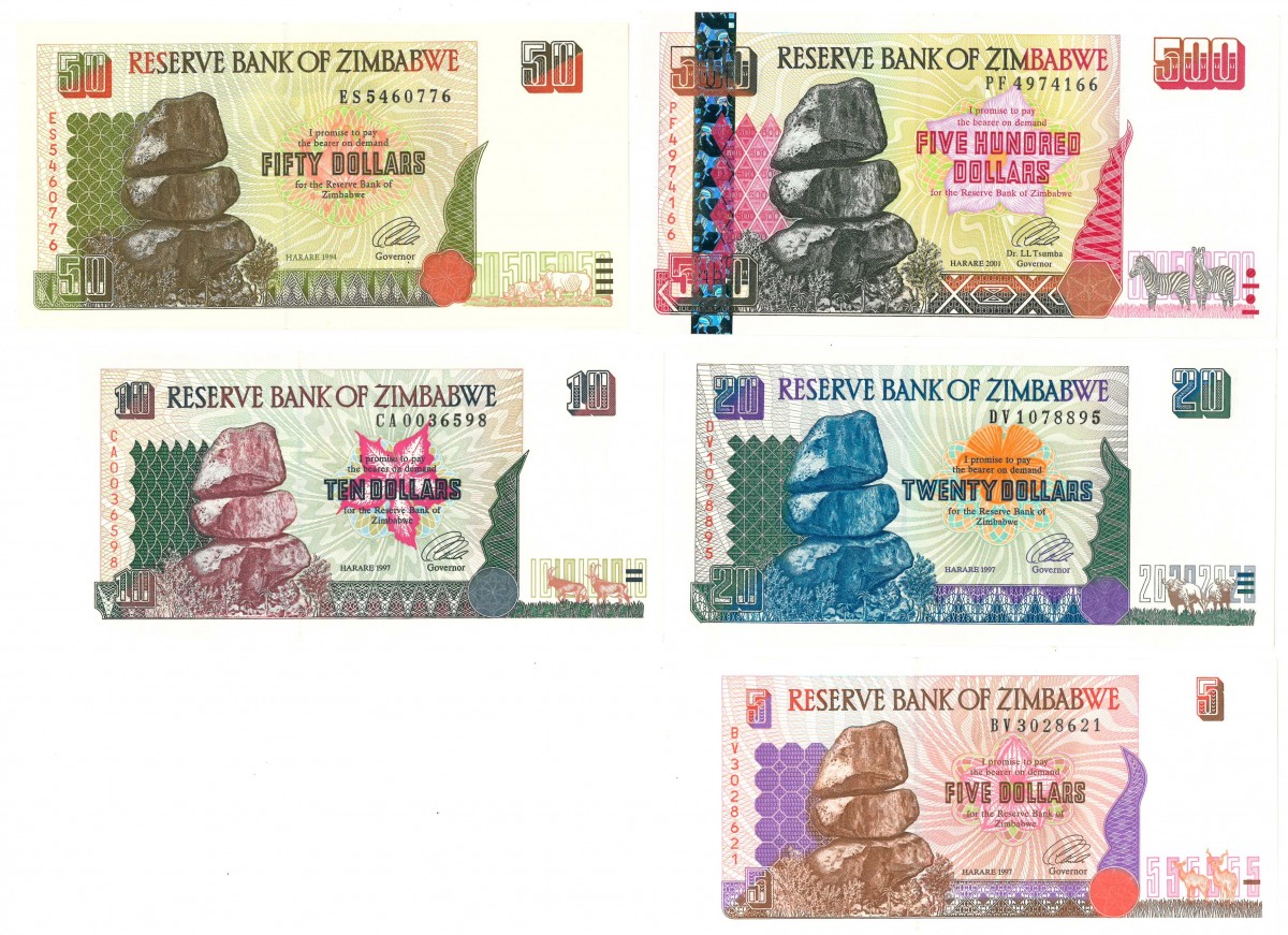 Zimbabwe. 5/10/50/50/500 Dollars. Banknote. Type 1994-2001. - About UNC.