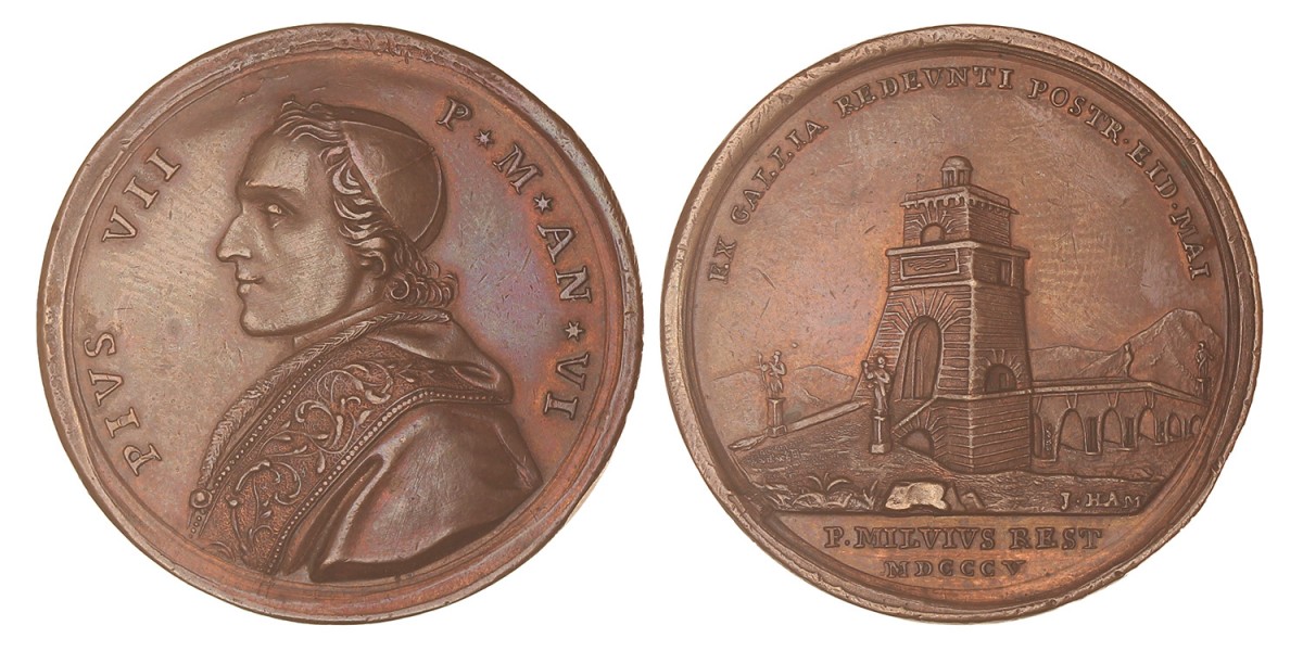 Italian states. Papal states. 1804. The return of Pius VII to Rome and the restoration of the Milvio bridge.