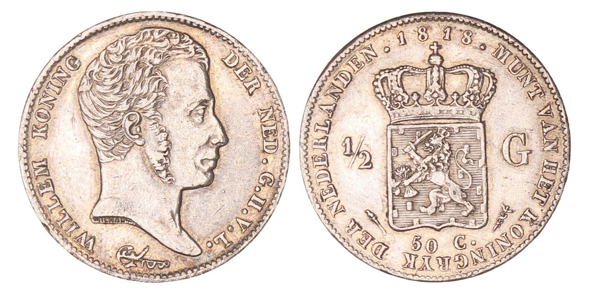 ½ Gulden. Willem I. 1818 U. Zeer Fraai / Prachtig.