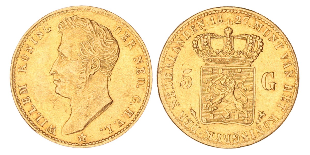 5 gulden goud. Willem I. 1827 U. Zeer Fraai +.