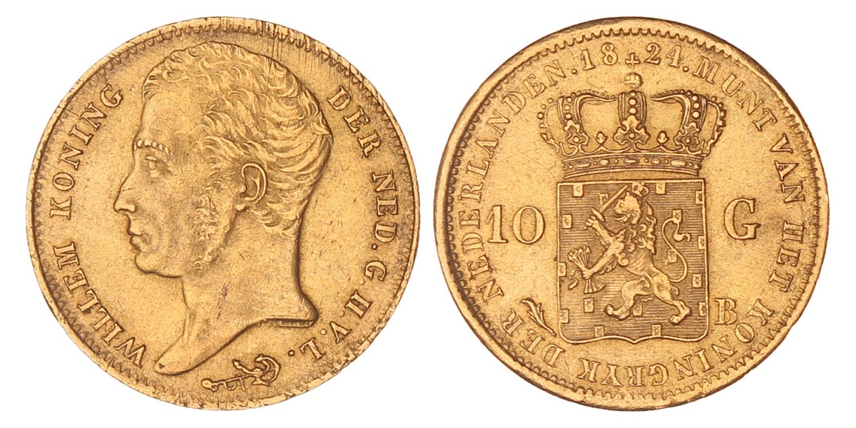 10 gulden goud. Willem I. 1824 B. Zeer Fraai +.