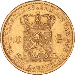 10 gulden goud. Willem I. 1824 B. Zeer Fraai +.