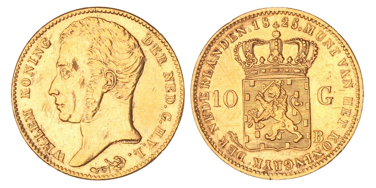 10 gulden goud. Willem I. 1825 B. Zeer Fraai.