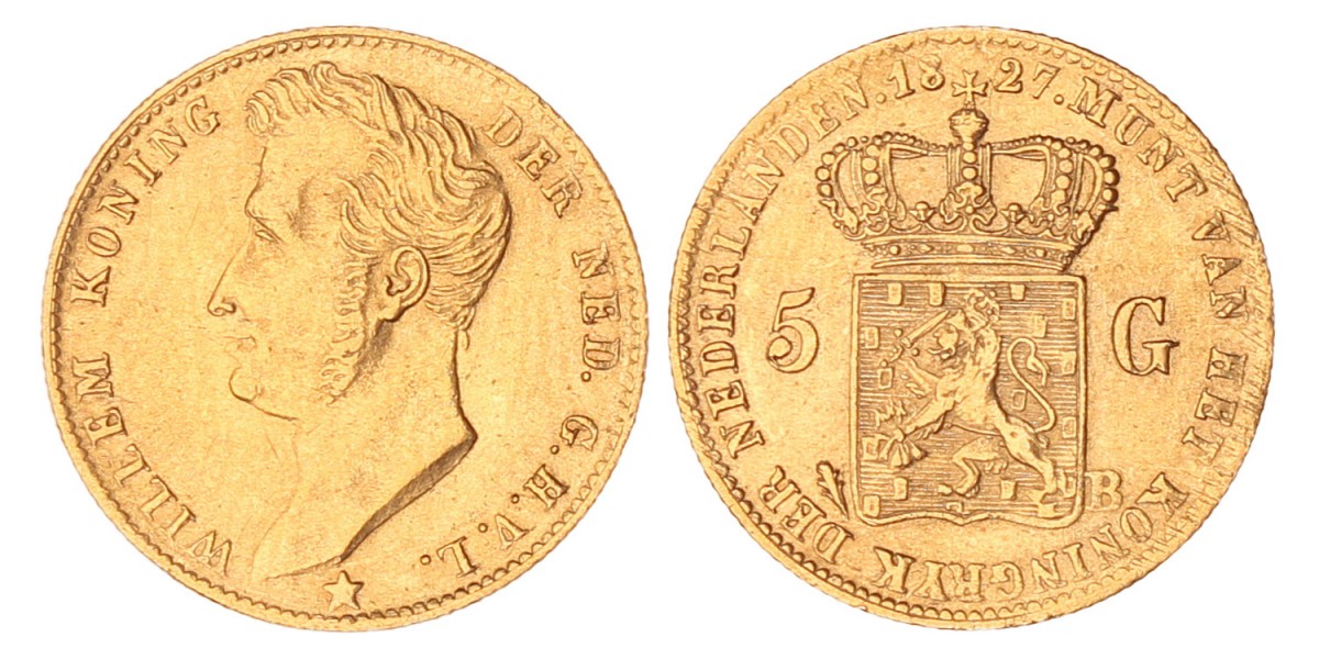 5 gulden goud. Willem I. 1827 B. Zeer Fraai +.