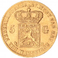 5 gulden goud. Willem I. 1827 B. Zeer Fraai +.