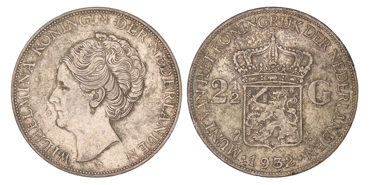 2½ Gulden. Wilhelmina. 1932 Grofhaar. Zeer Fraai.