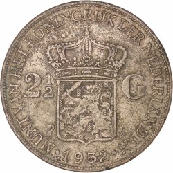 2½ Gulden. Wilhelmina. 1932 Grofhaar. Zeer Fraai.