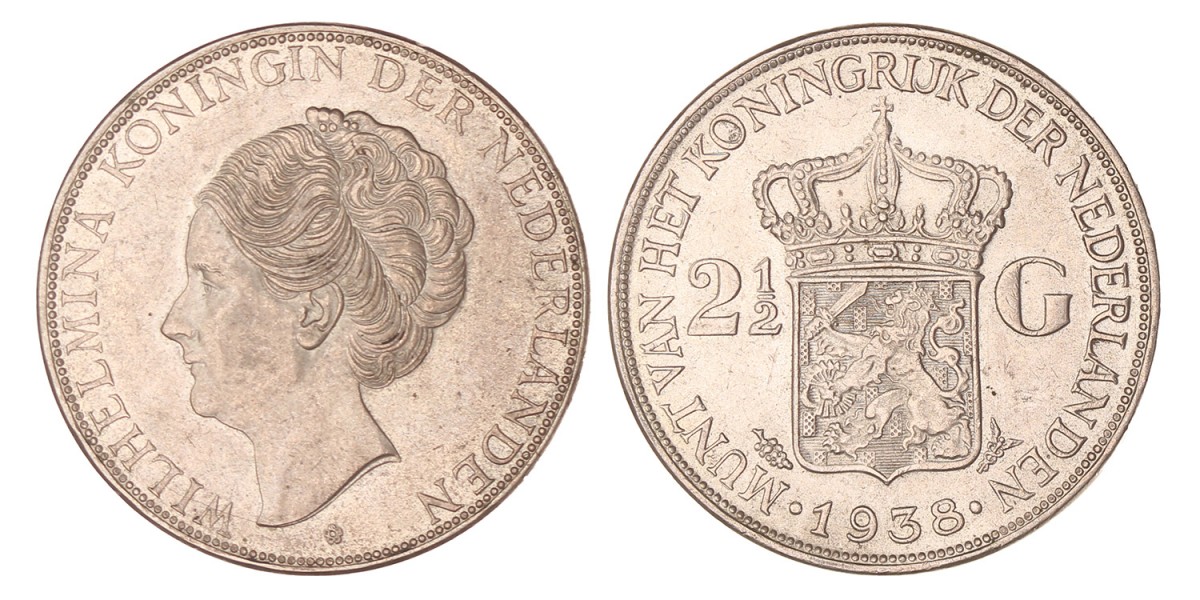 2½ Gulden. Wilhelmina. 1938 Grofhaar. Prachtig.