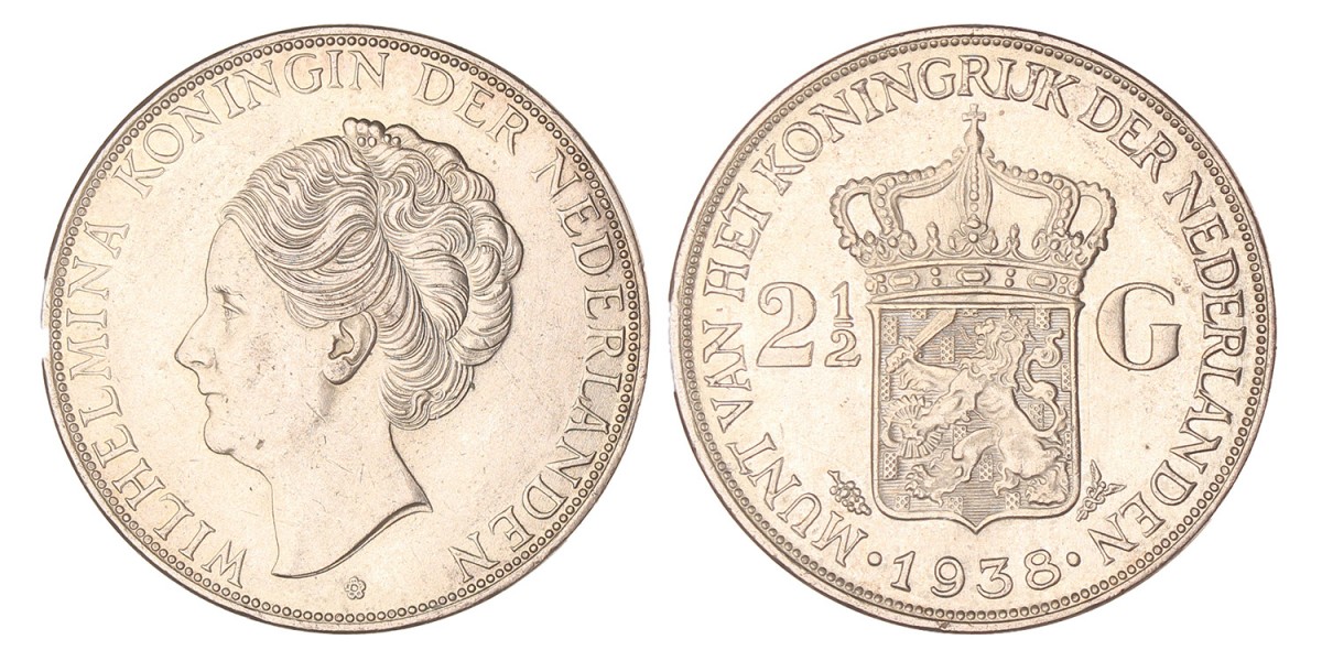 2½ Gulden. Wilhelmina. 1938 Grofhaar. Zeer Fraai / Prachtig.