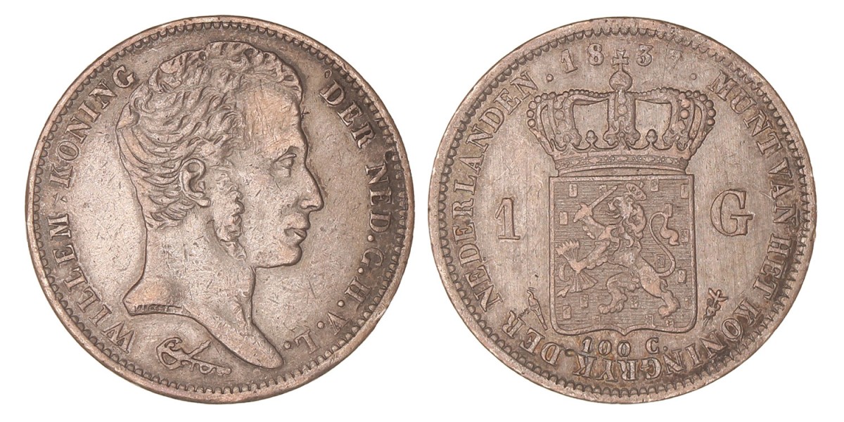 1 Gulden. Willem I. 1837. Zeer Fraai.