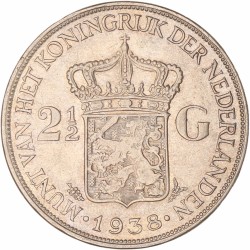 2½ Gulden. Wilhelmina. 1938 Grofhaar. Zeer Fraai +.