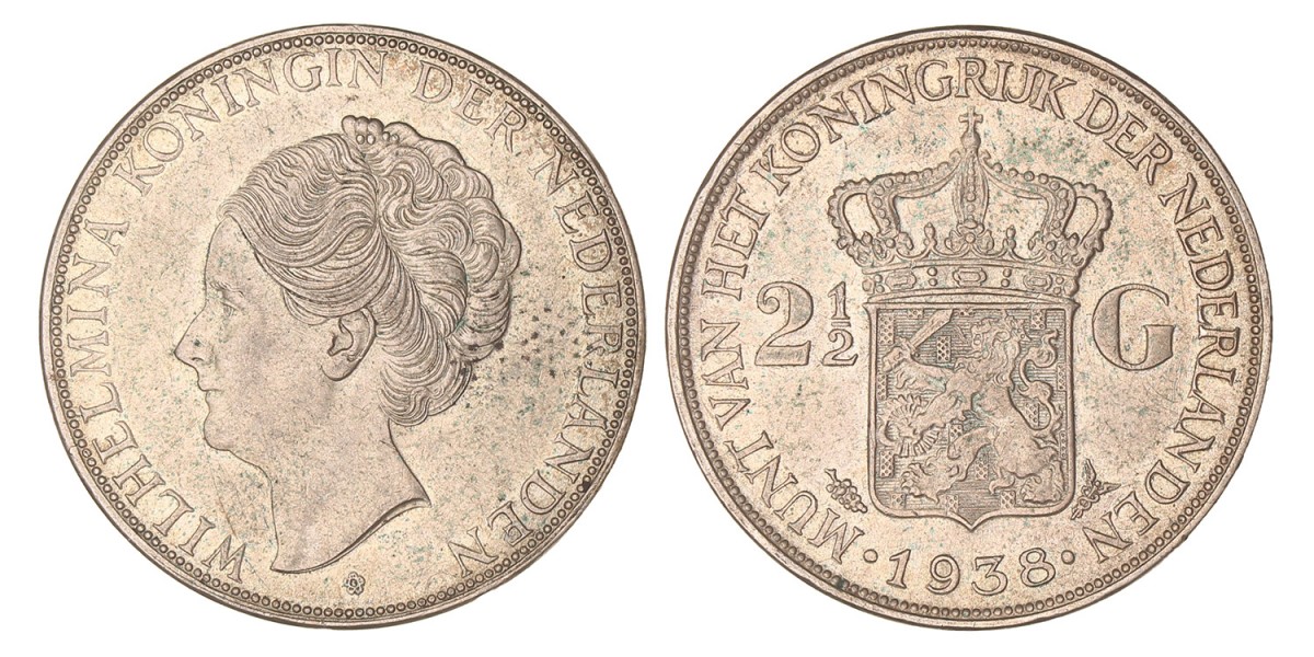 2½ Gulden. Wilhelmina. 1938 Grofhaar. Zeer Fraai / Prachtig.