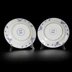 Een set van (2) porseleinen borden met decor van karpers, gemerkt Kangxi, China, 19e eeuw.