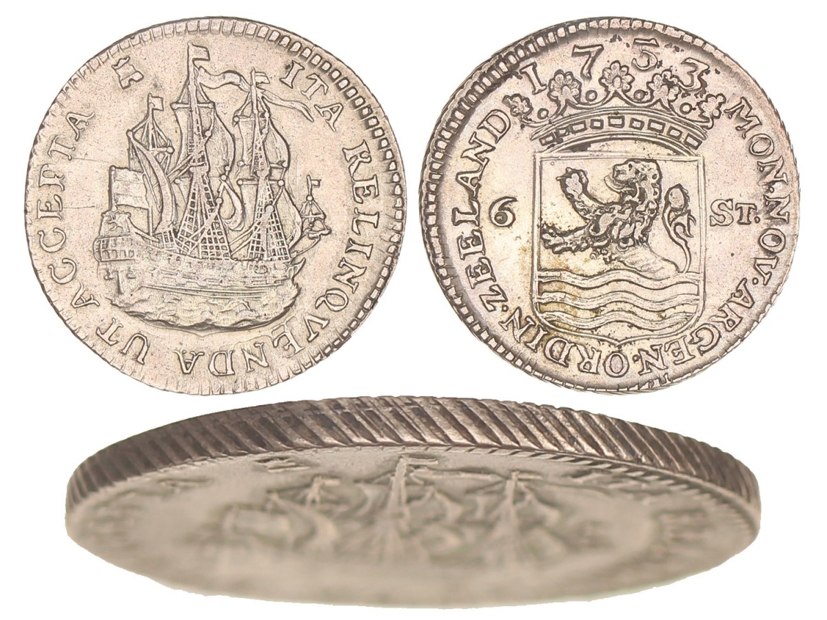 Scheepjesschelling van 6 stuiver Piedfort. Zeeland. 1753. Zeer Fraai +.