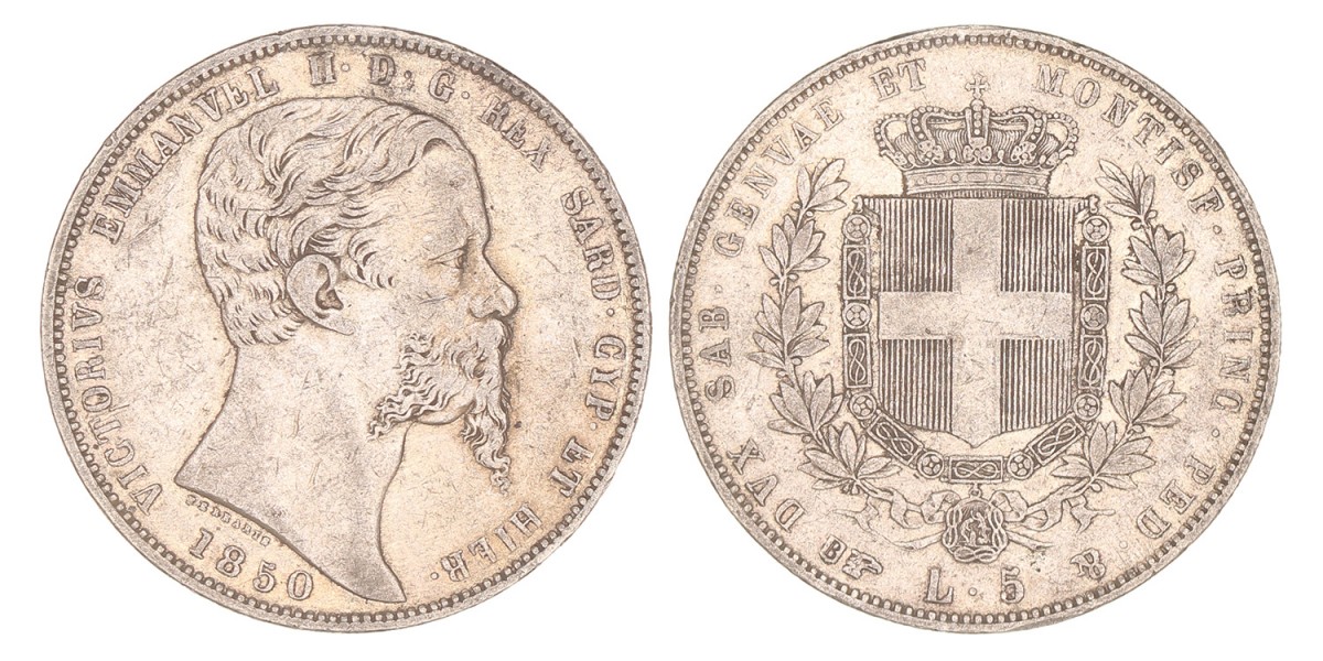 Italian states. Sardinia (Turin). Vittorio Emanuel II. 5 Lire. 1850 B.
