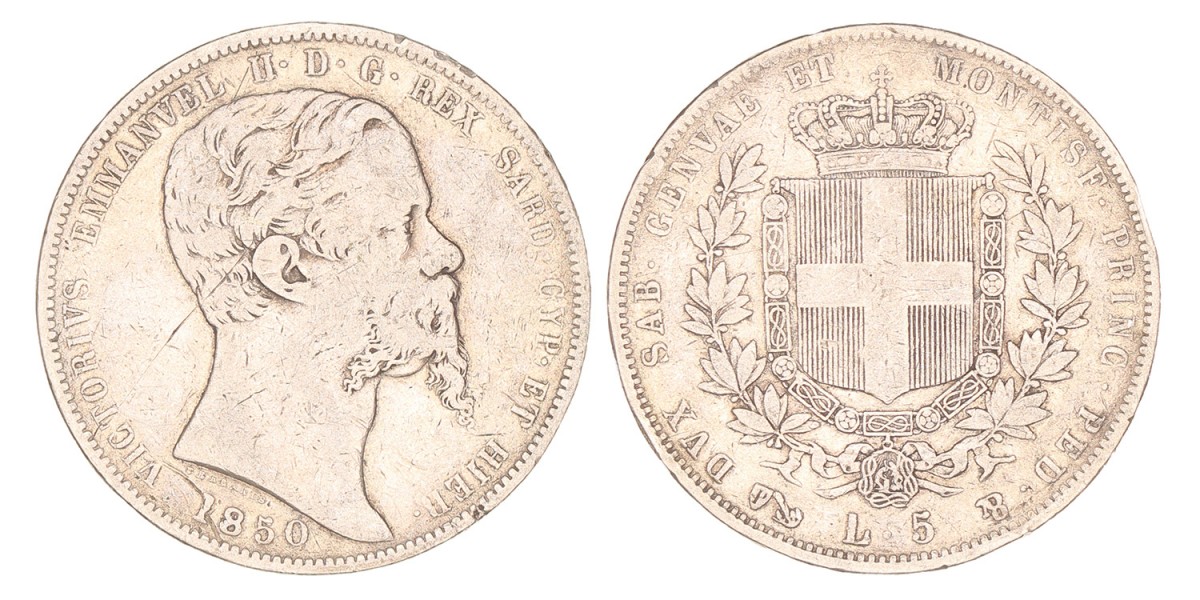 Italian States. Sardina (Genoa). Vittorio Emmanuel II. 5 Lire. 1850.