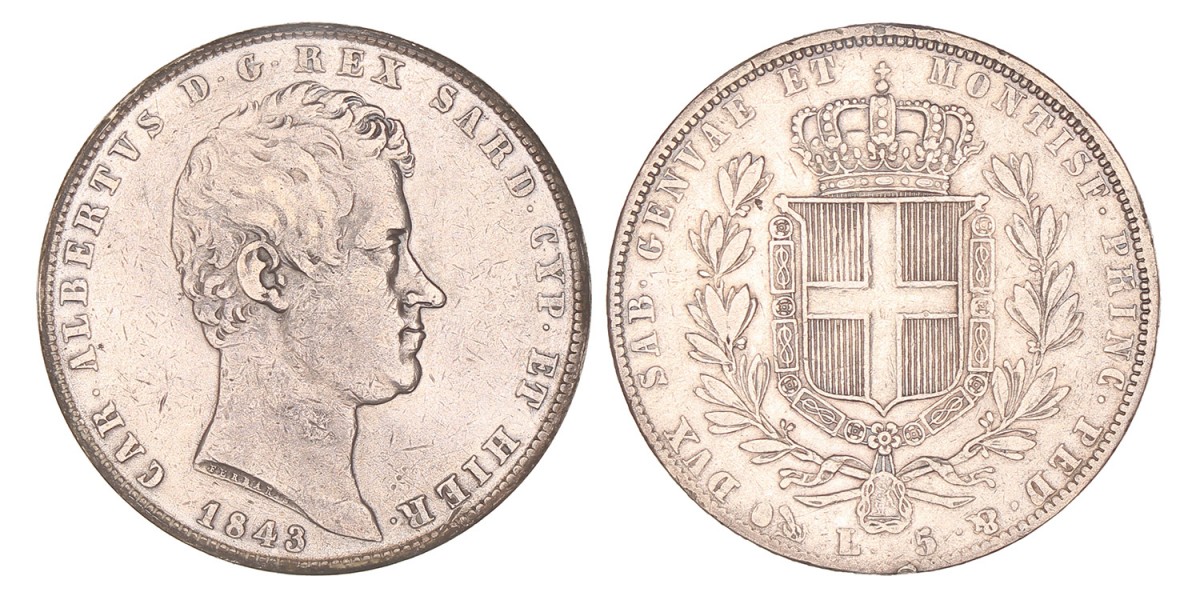 Italian states. Sardinia (Genoa). Carlo Alberto. 5 Lire. 1843 P.