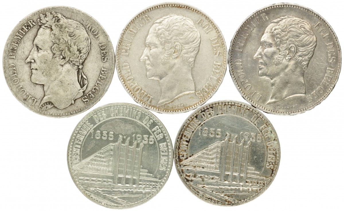 Belgium. Leopold I - III. Lot (5) 5 Francs and 50 Francs. 1833, 1851, 1865 and 1935.