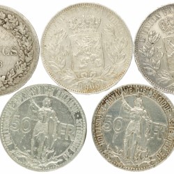 Belgium. Leopold I - III. Lot (5) 5 Francs and 50 Francs. 1833, 1851, 1865 and 1935.