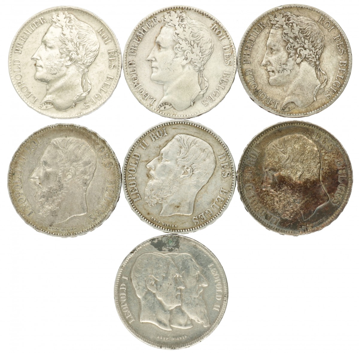 Belgium. Leopold I and II. Lot (7) 5 Francs. 1833, 1847, 1849, 1869, 1870, 1873 and 1880.