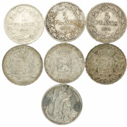 Belgium. Leopold I and II. Lot (7) 5 Francs. 1833, 1847, 1849, 1869, 1870, 1873 and 1880.