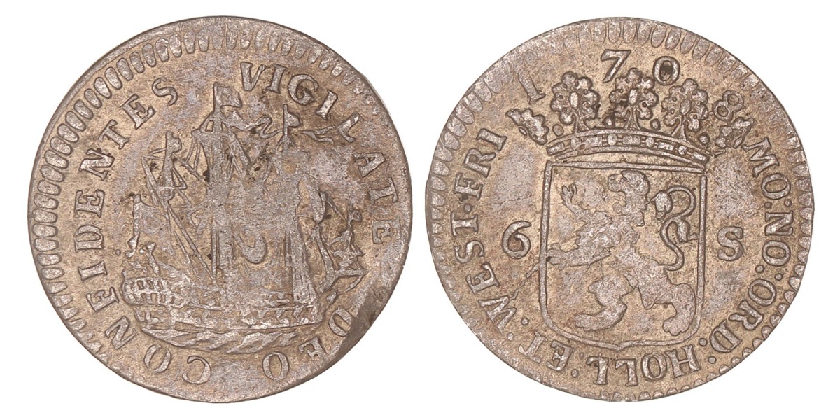 Scheepjesschelling van 6 stuiver. Contemporaine vervalsing. Holland. 1708. Fraai / Zeer Fraai.