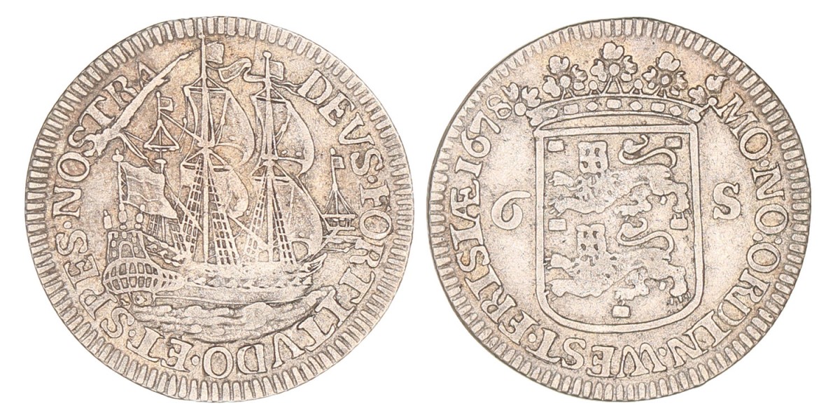 Scheepjesschelling van 6 stuiver. Enkhuizen. 1678. Zeer Fraai.