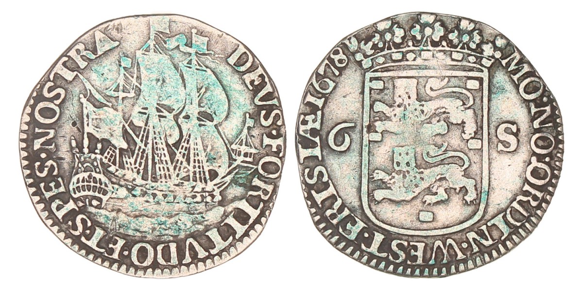 Scheepjesschelling van 6 stuiver. Enkhuizen. 1678. Zeer Fraai.