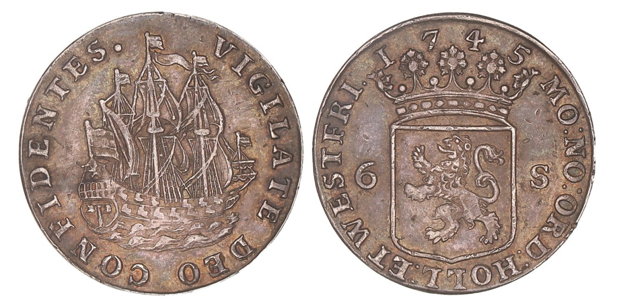 Scheepjesschelling van 6 stuiver. Holland. 1745. Zeer Fraai / Prachtig.