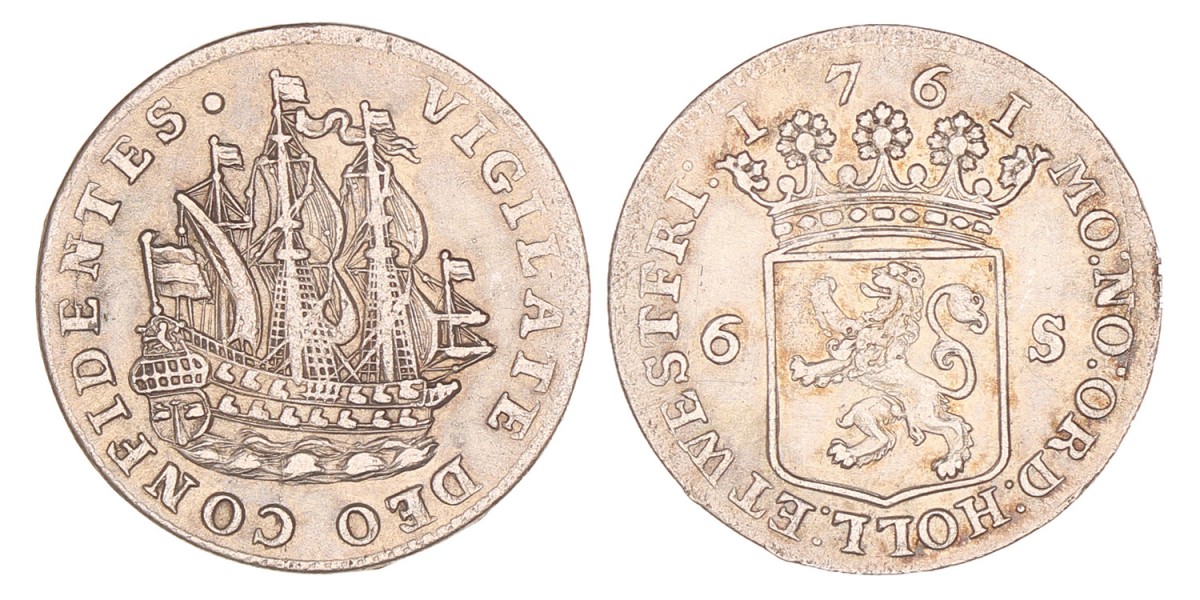 Scheepjesschelling van 6 stuiver. Holland. 1761. Zeer Fraai +.