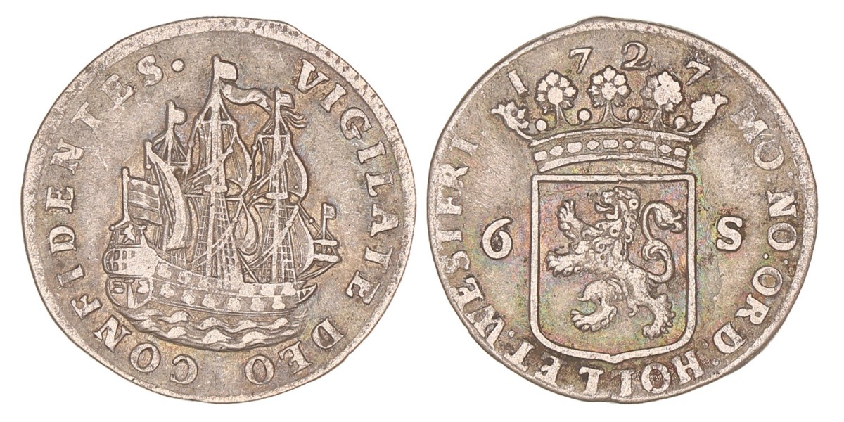 Scheepjesschelling van 6 stuiver. Holland. 1727. Zeer Fraai.