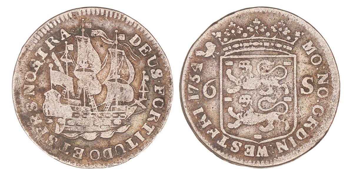 Scheepjesschelling van 6 stuiver. West-Friesland. 1754. Fraai +.
