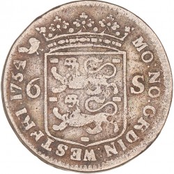 Scheepjesschelling van 6 stuiver. West-Friesland. 1754. Fraai +.