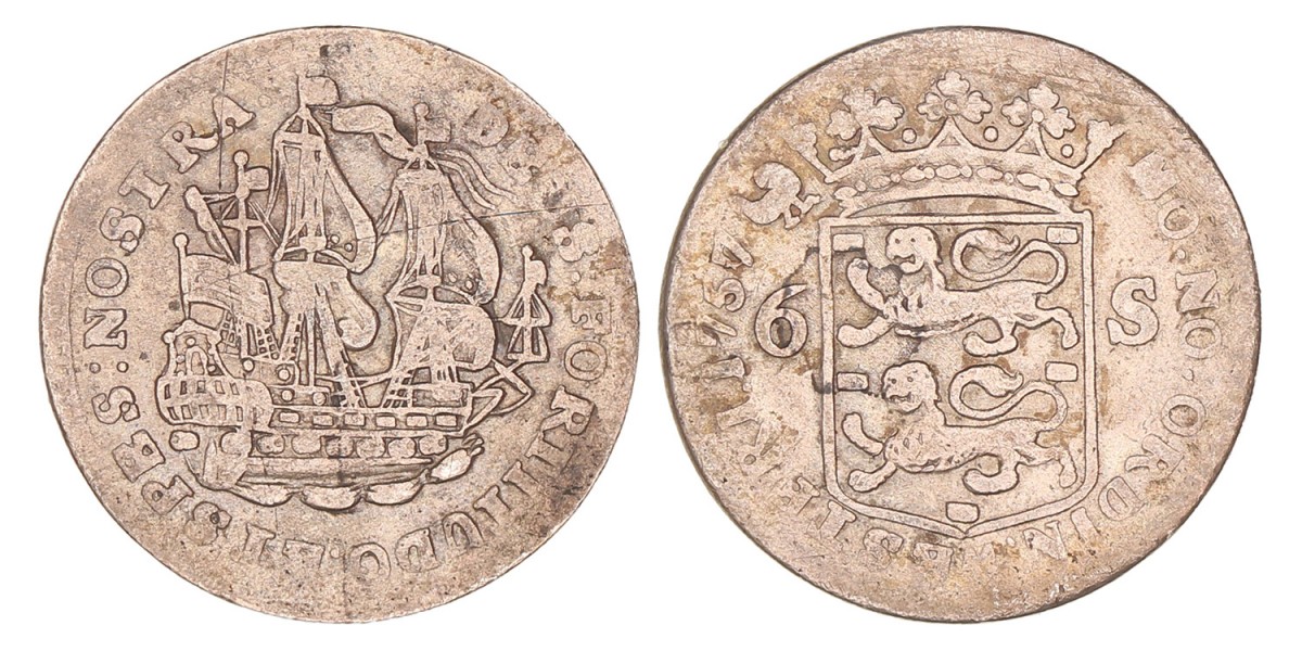 Scheepjesschelling van 6 stuiver. West-Friesland. 1757. Fraai.
