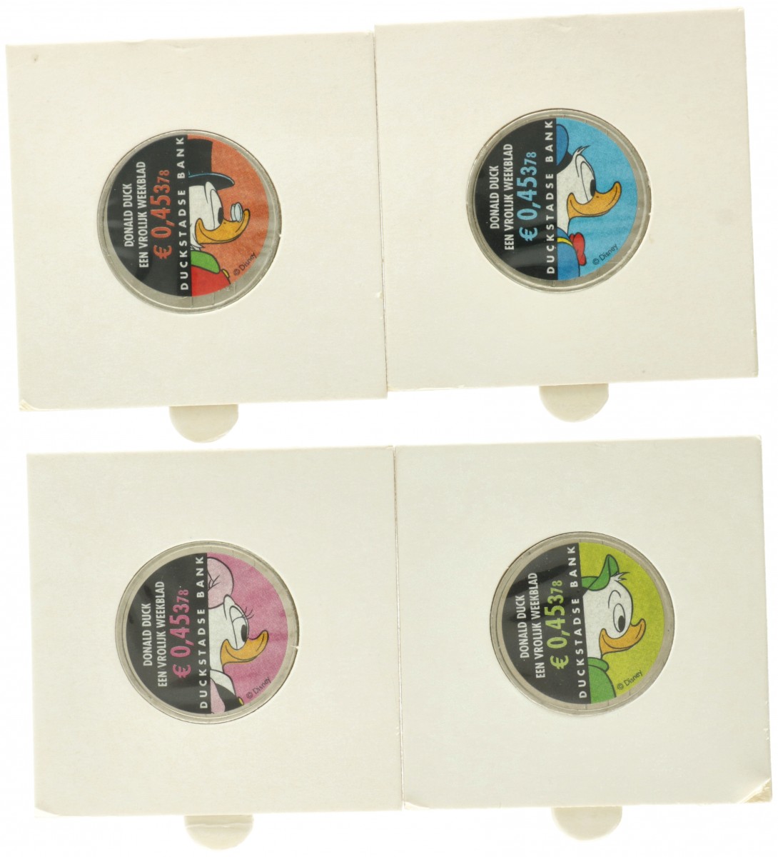 Lot (4) 1 Gulden met verschillende duckstadse bank stickers. 1991, 1992, 1993 and 2000.